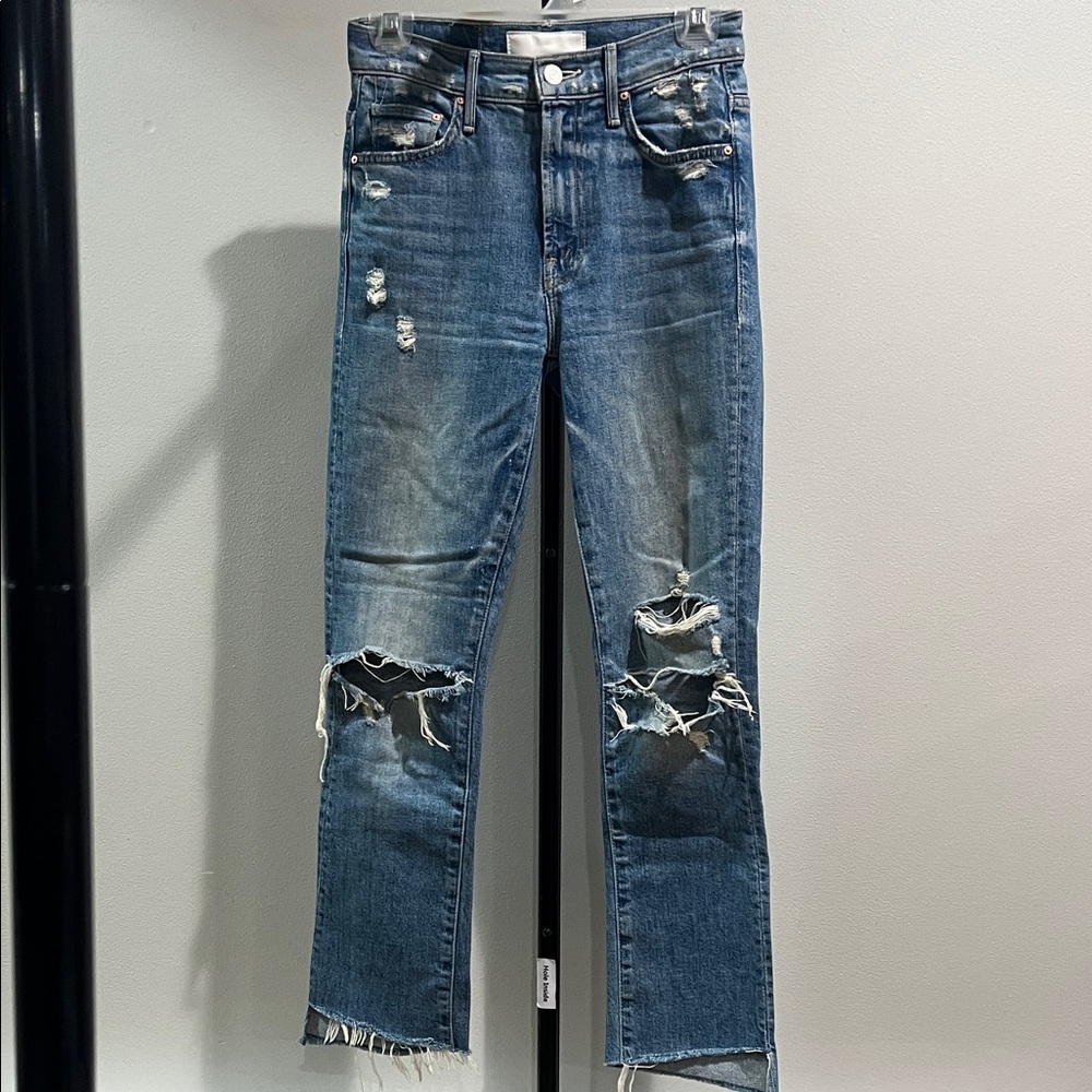MOTHER Distressed Straight Leg Jeans in Blue